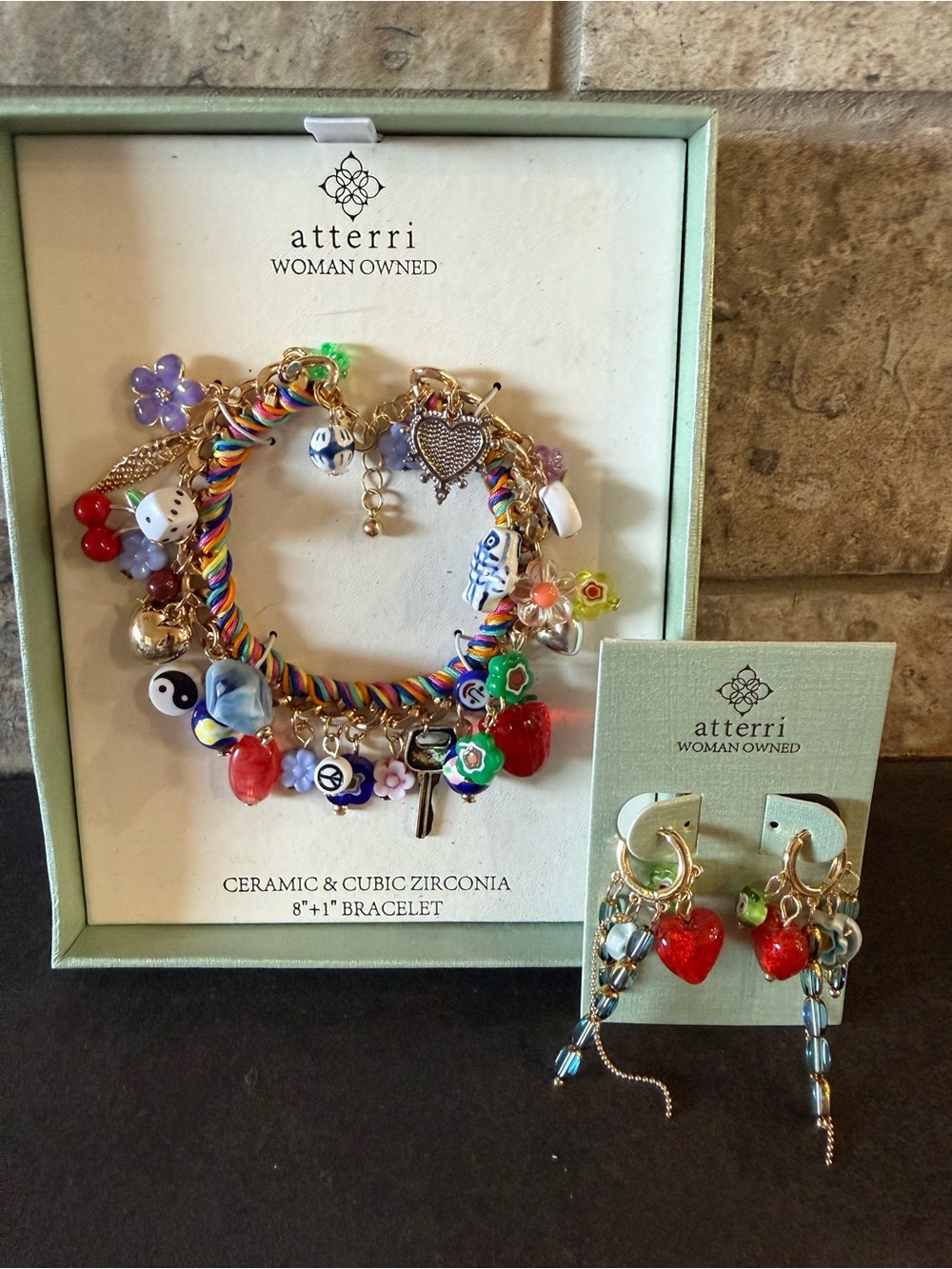 atterri Multicolor Ceramic Charm Bracelet & Strawberry Drop Earrings